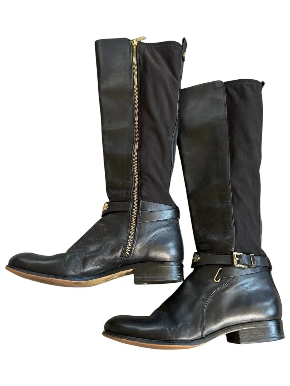 MICHAEL KORS Black Leather Riding Boots Gold Logo Buckle Side Zip Women’s 8.5